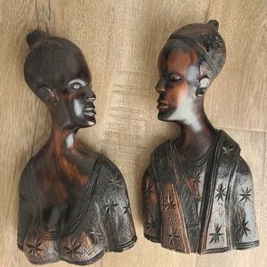 2 African Bust Heads Figures Carved Wood Sculptures Man & Woman/ Bride & Groom